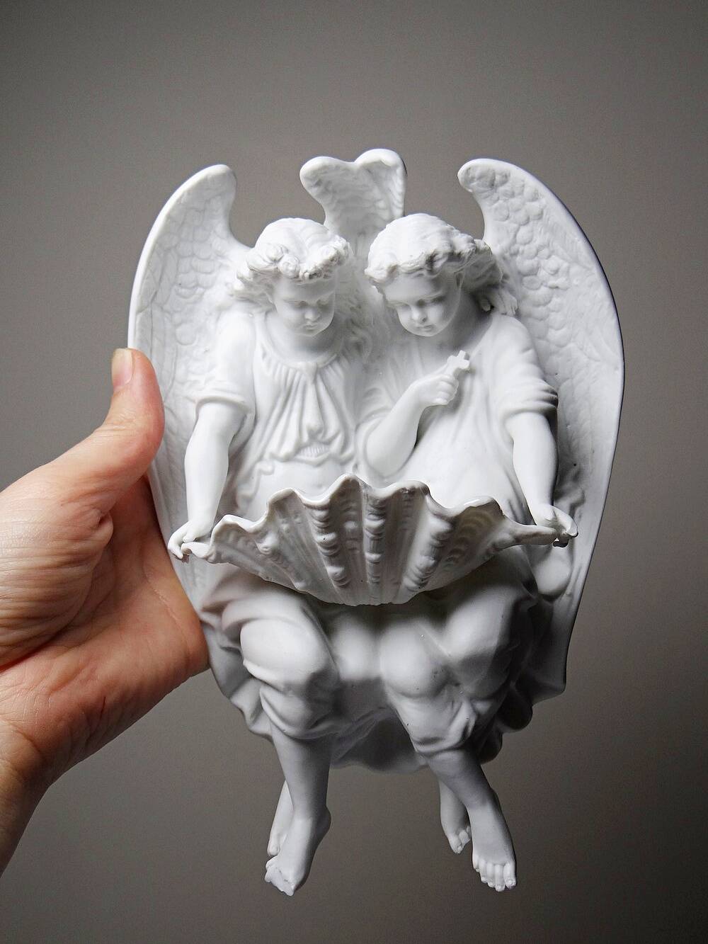 Porcelain biscuit holy water font with 2 angels, antique 1900-1930, Germany.