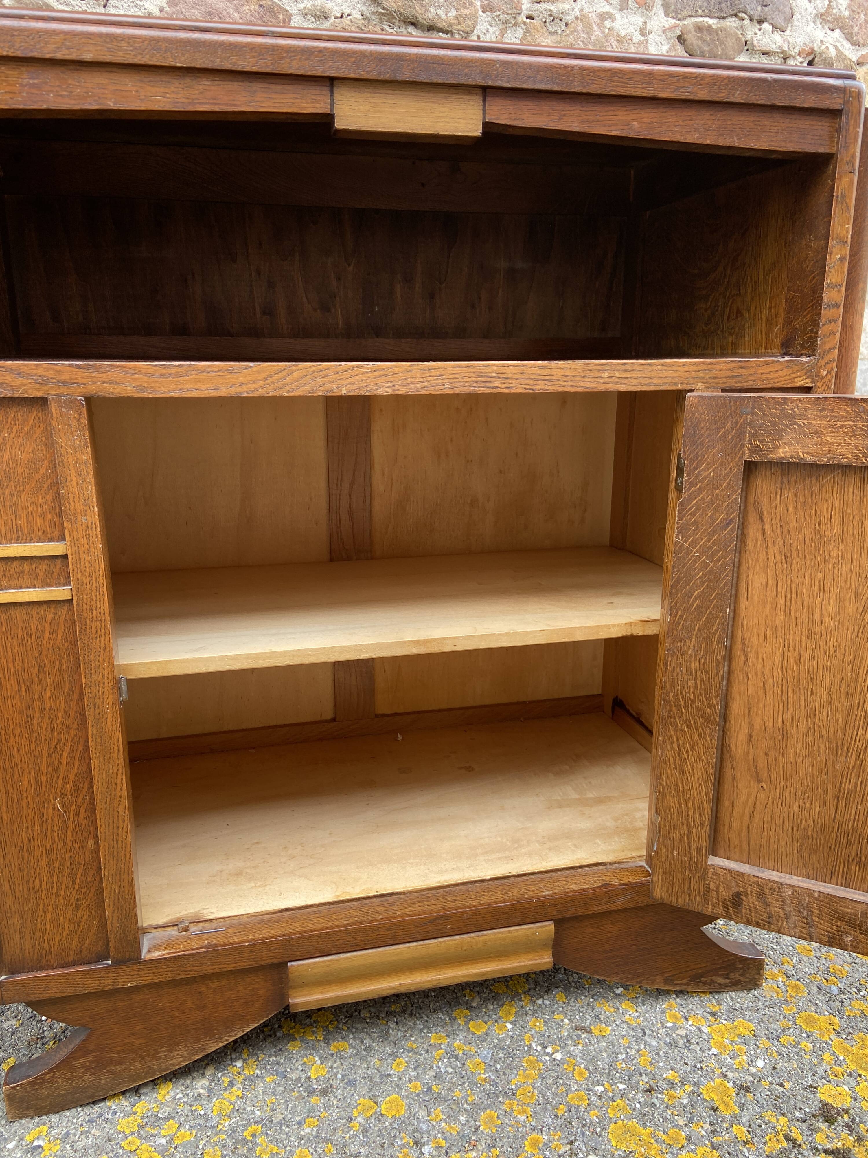 small Art Deco Parisian mid-century vintage 1950 oak sideboard with backsplash
