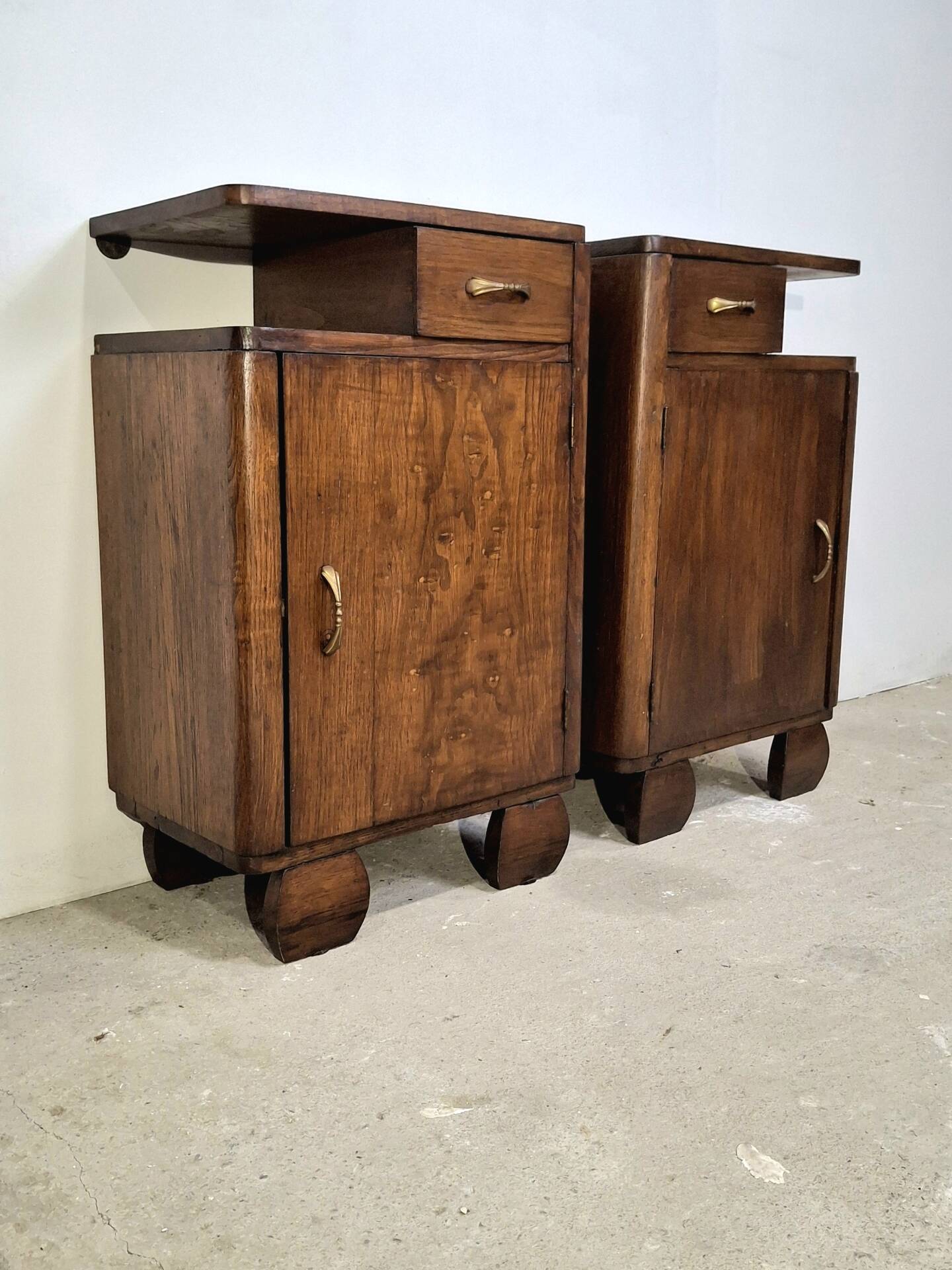 Vintage Art Deco Nightstands Pair Wooden Bedside Tables with Brass Har