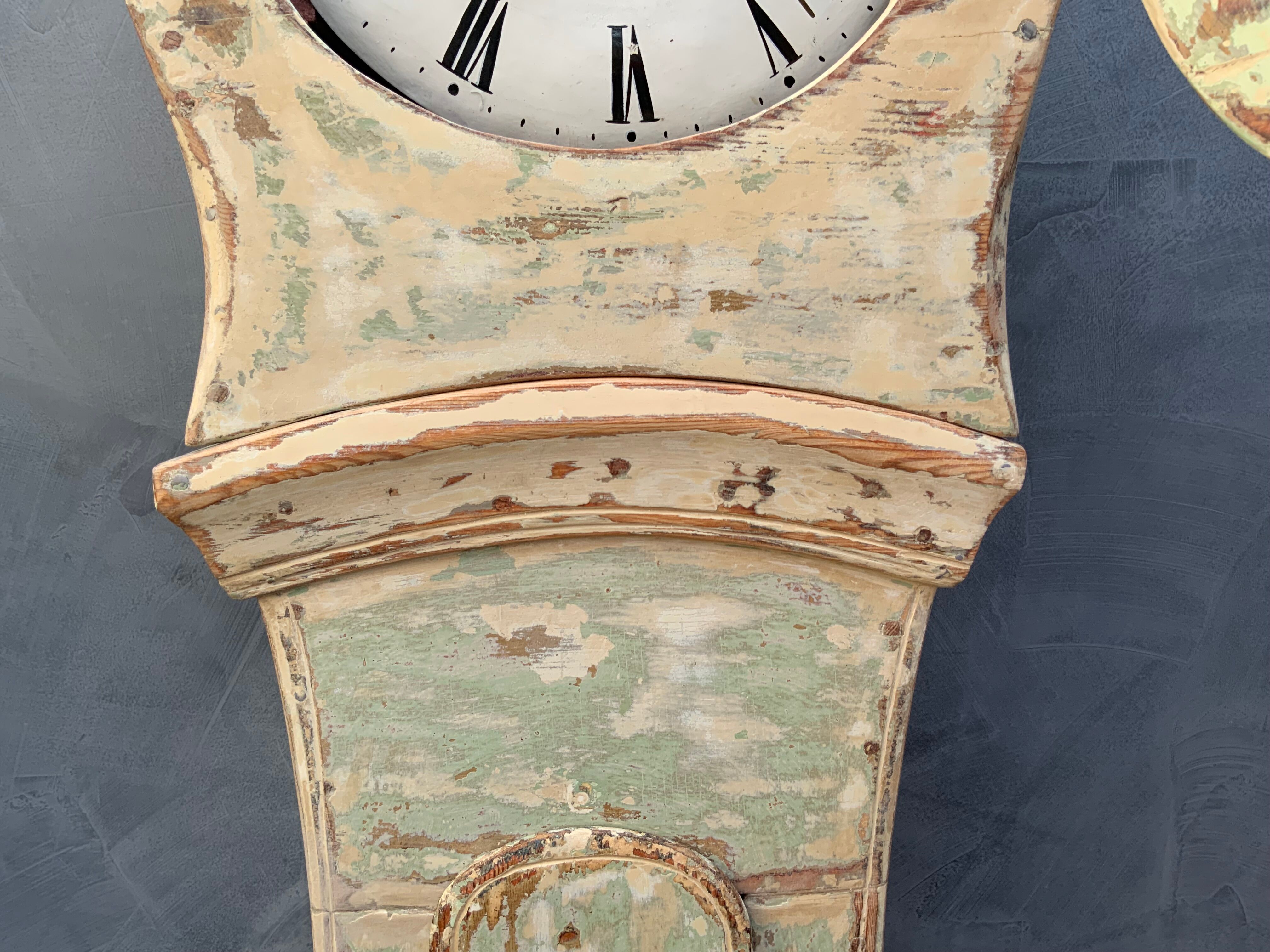 Antique mora clock long case, mint colour wood case 1800s