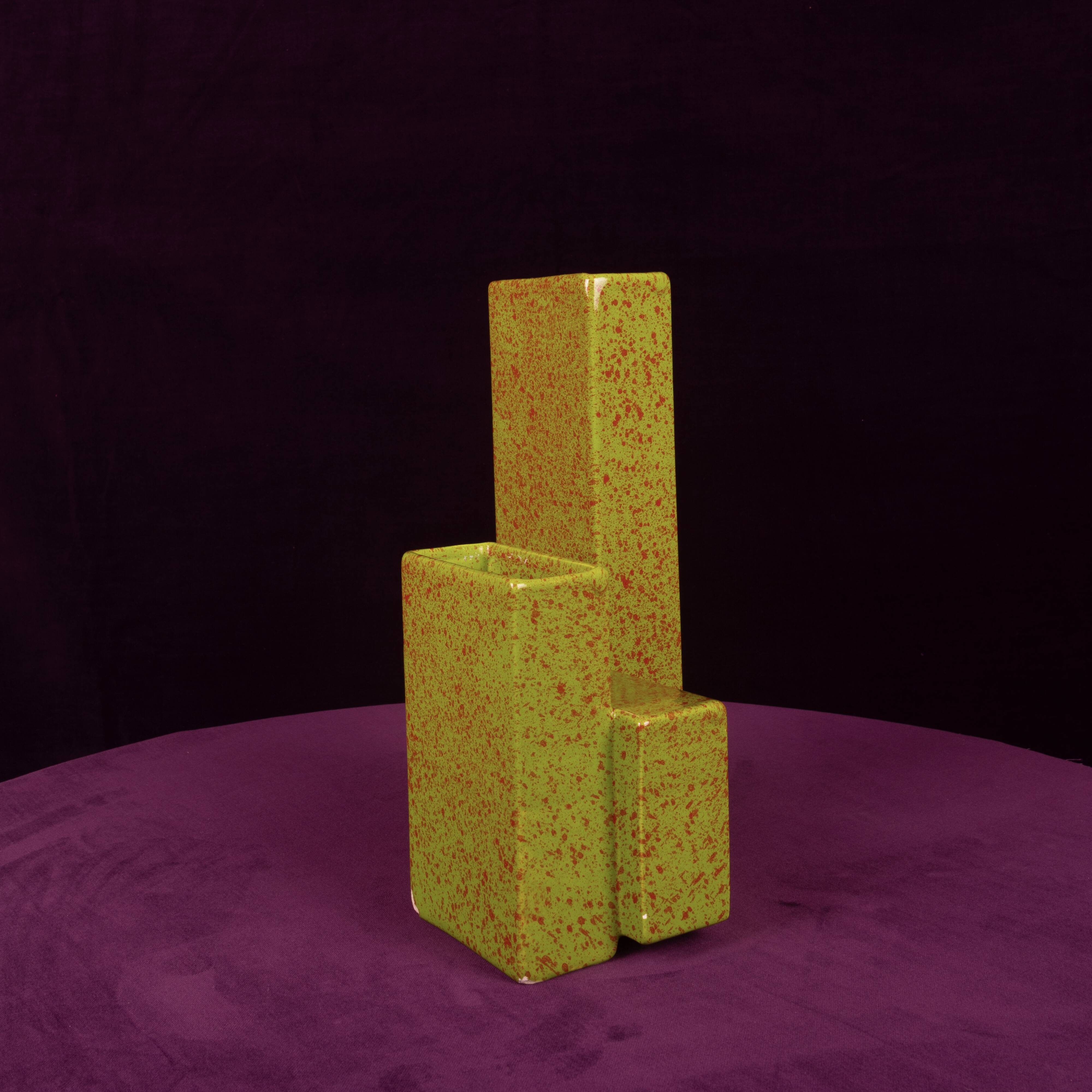 Geometric Twin-Column Ceramic Vase Space Age, Italy 1970