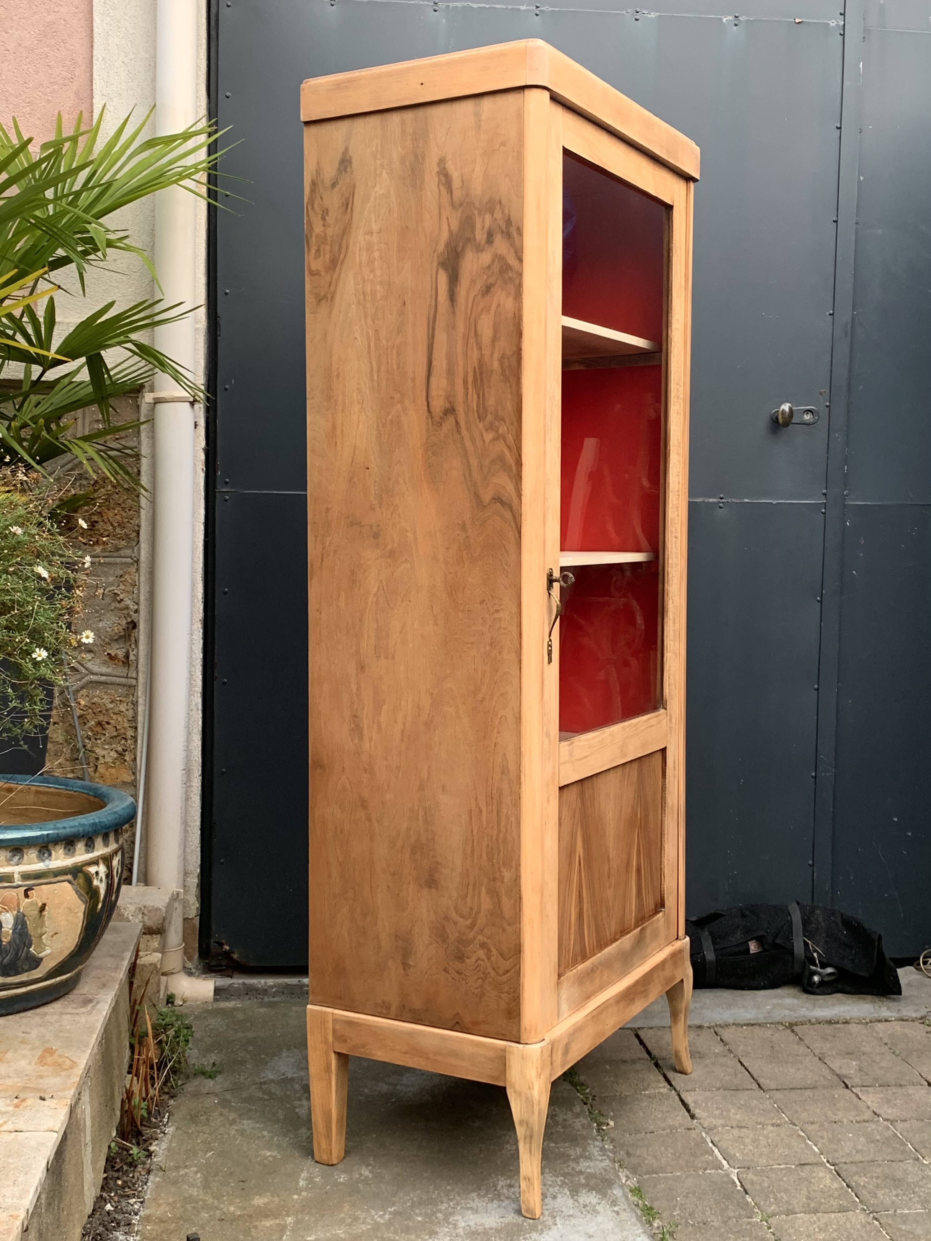 Vintage glass-fronted cabinet, raw wood, 1950s