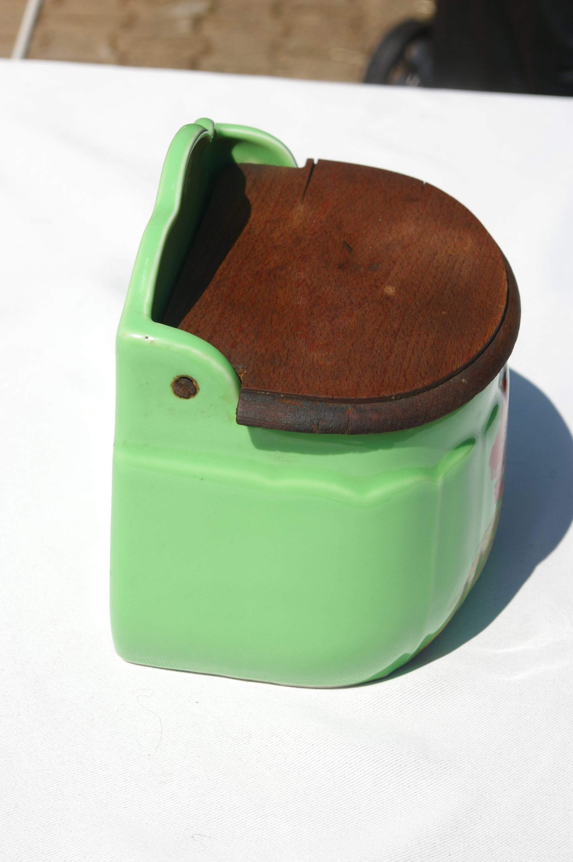Vintage Ceramic and Wood Salt Box - Rare green color