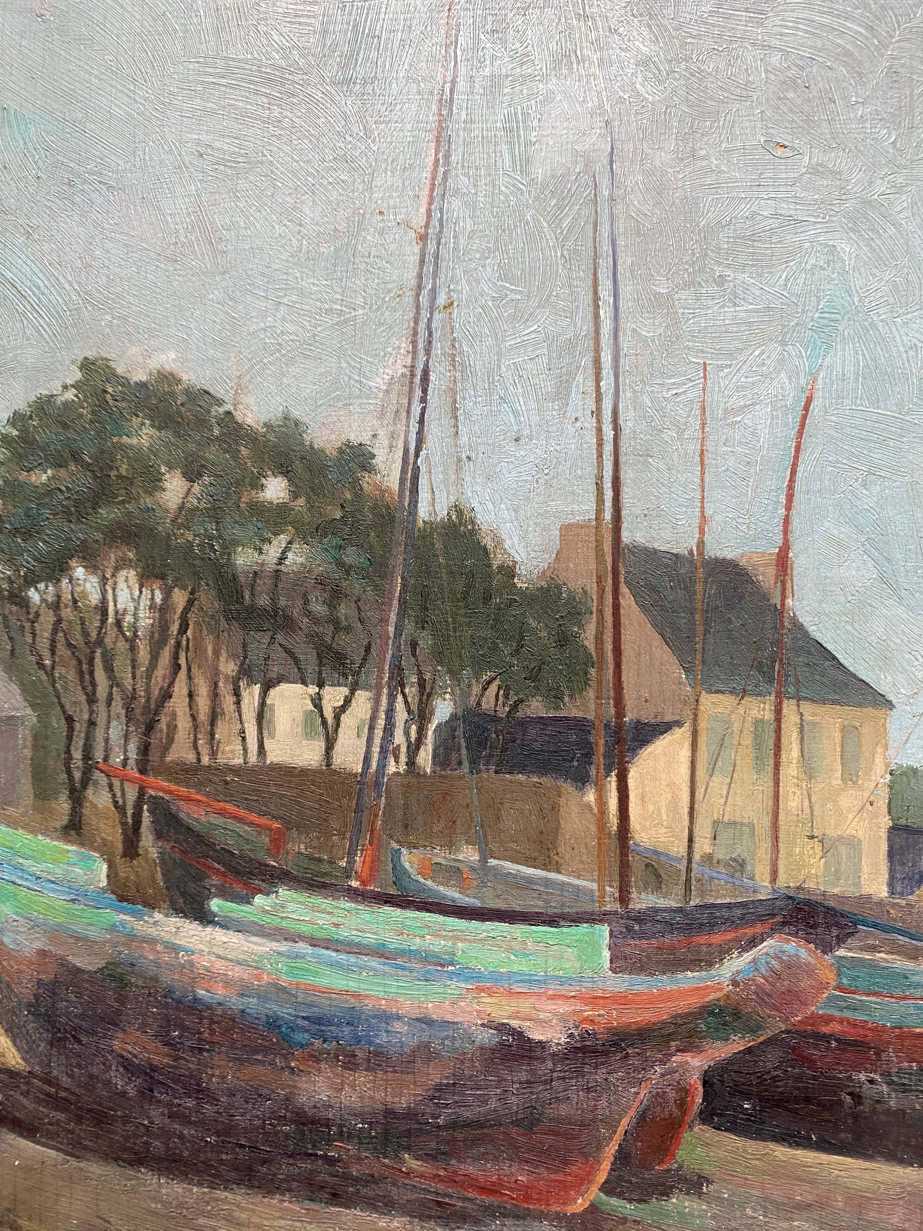 Table "Village and boats by the sea" Marine Bretagne signed 1948