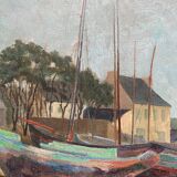 Table "Village and boats by the sea" Marine Bretagne signed 1948