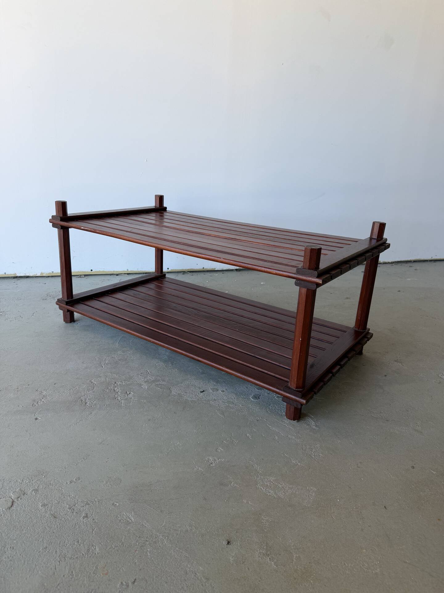Pine slatted coffee table in vintage 1970s Scandinavian design.