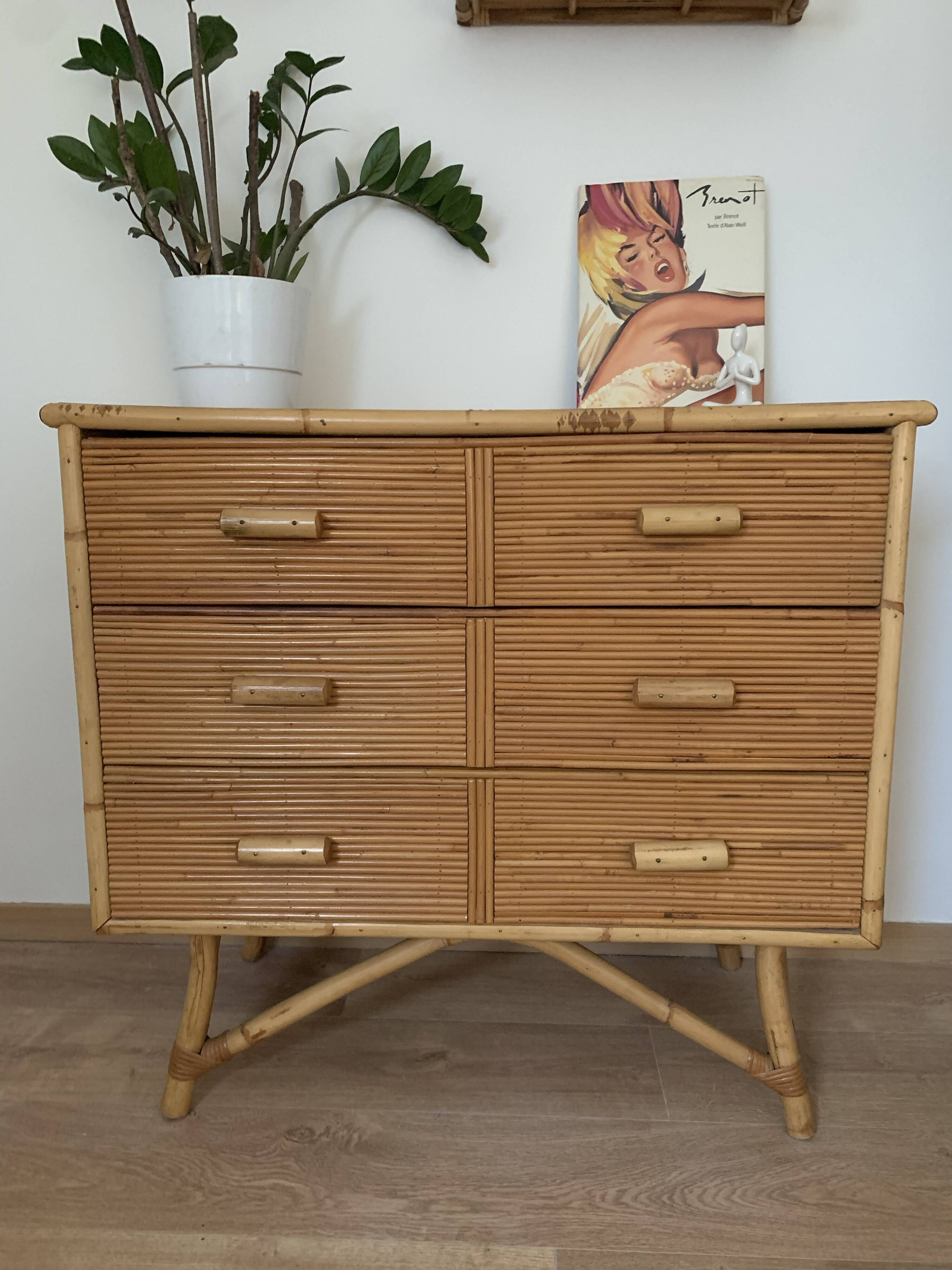 3-drawer rattan/bamboo chest of drawers attributed to Adrien Audoux and Frida Minnet. Circa 1950