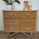 Commode 3 tiroirs en rotin / bambou attribuée à adrien audoux et frida minnet. Circa 1950