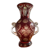 Engraved bohemian ruby crystal vase