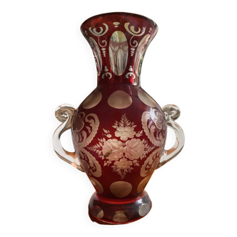 Engraved bohemian ruby crystal vase