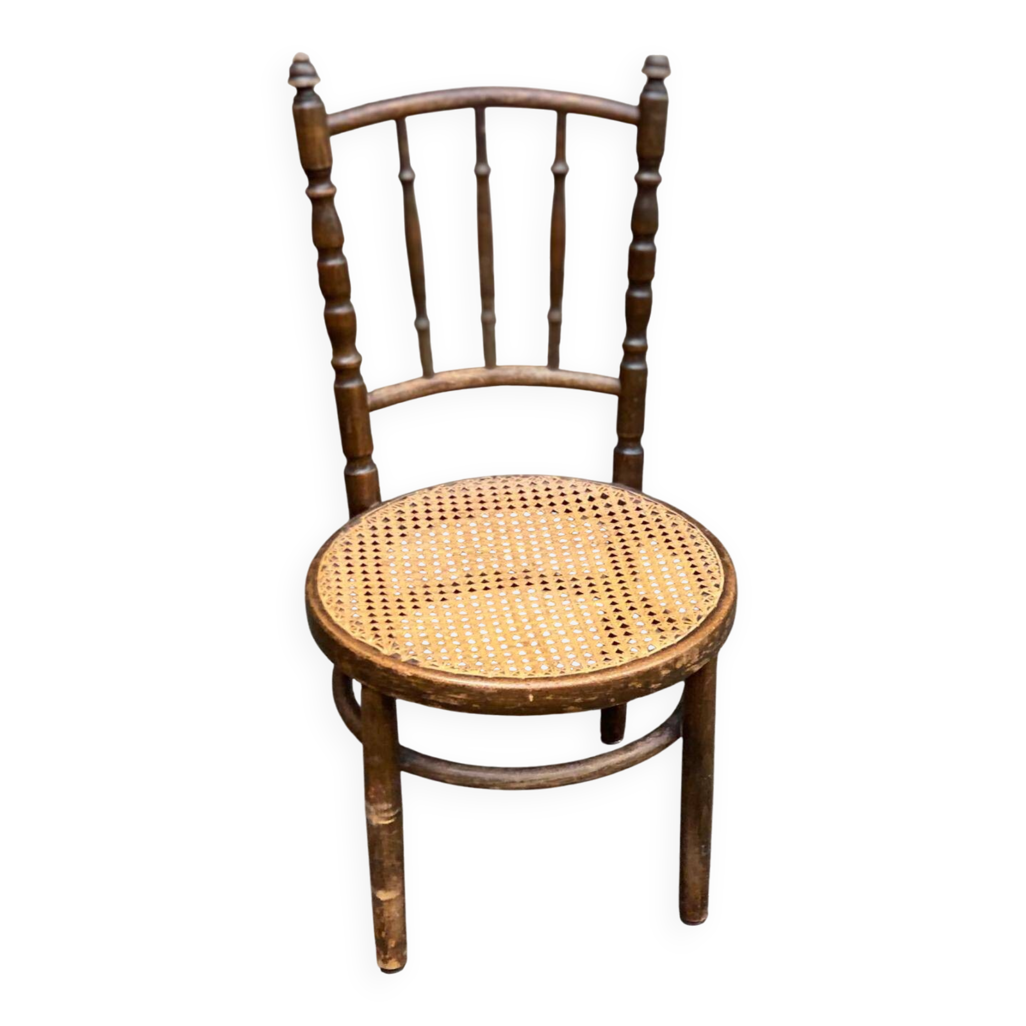 Vintage 19th-century bistro chair made of curved solid wood and caned in the Thonet style.