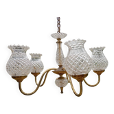 Lustre plafonnier 5 branches tulipes pointe de diamant, style laiton, 1950s