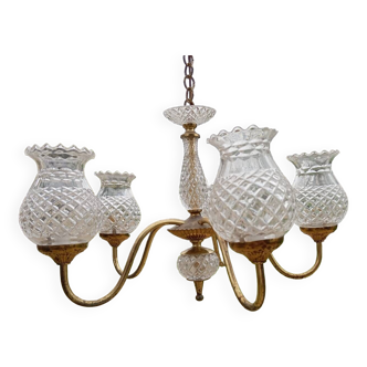 Ceiling chandelier with 5 tulip branches, diamond tip, brass style, 1950s