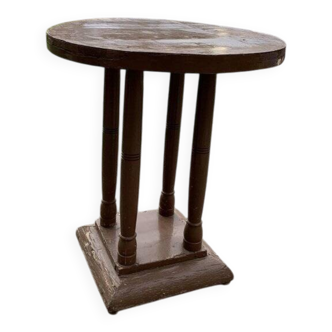 1930s Art Deco round side table in painted brown wood — column leg base