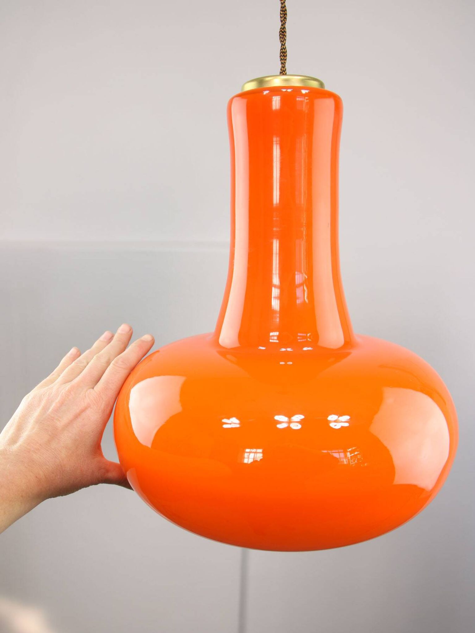 Mid-Century Italian Orange Glass and Brass Pendant Lamp