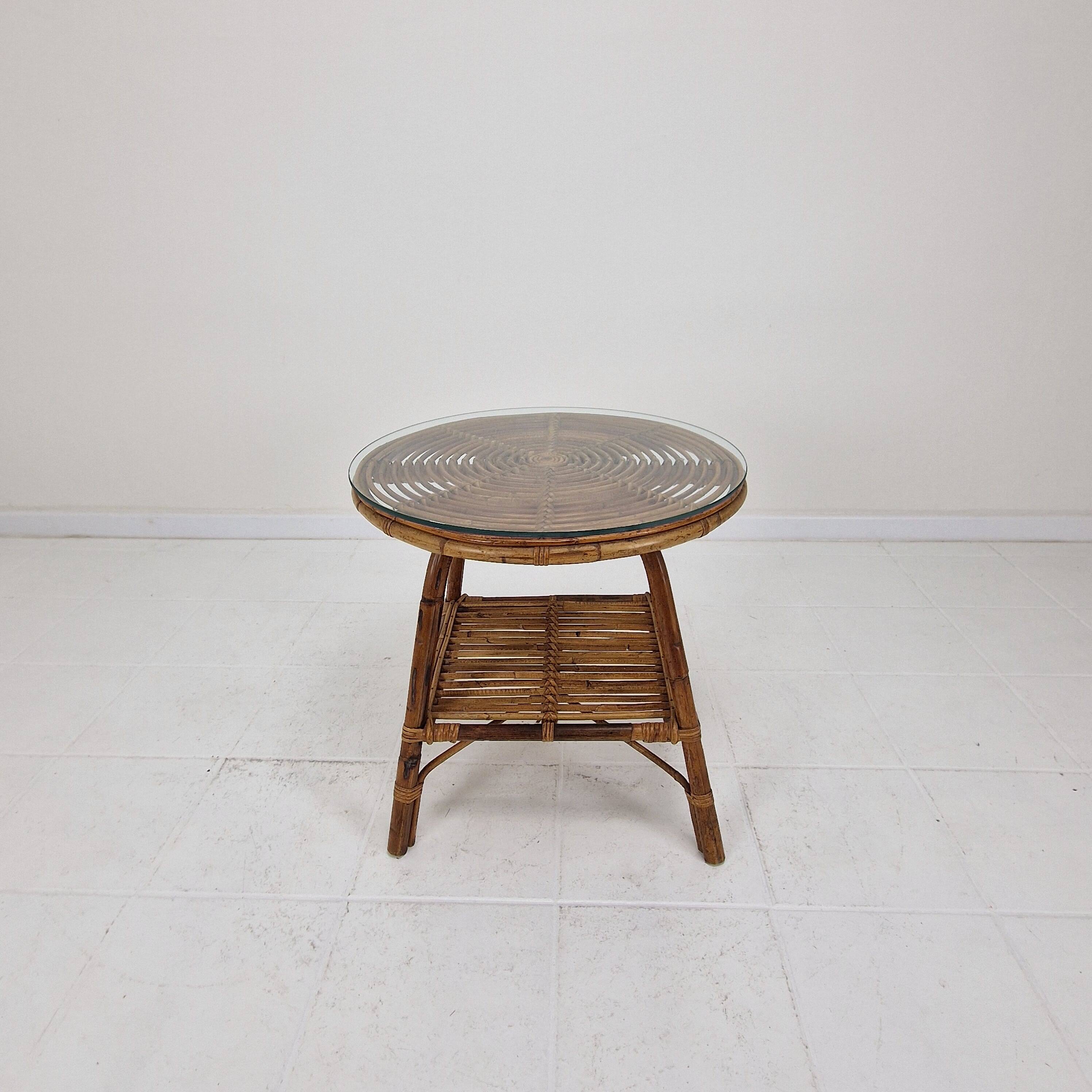 Vintage Italian Rattan Coffee or Side Table With New Glass Plate, 1970s