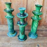 Trio of Tamegroute candlestick holders in enamelled ceramic.