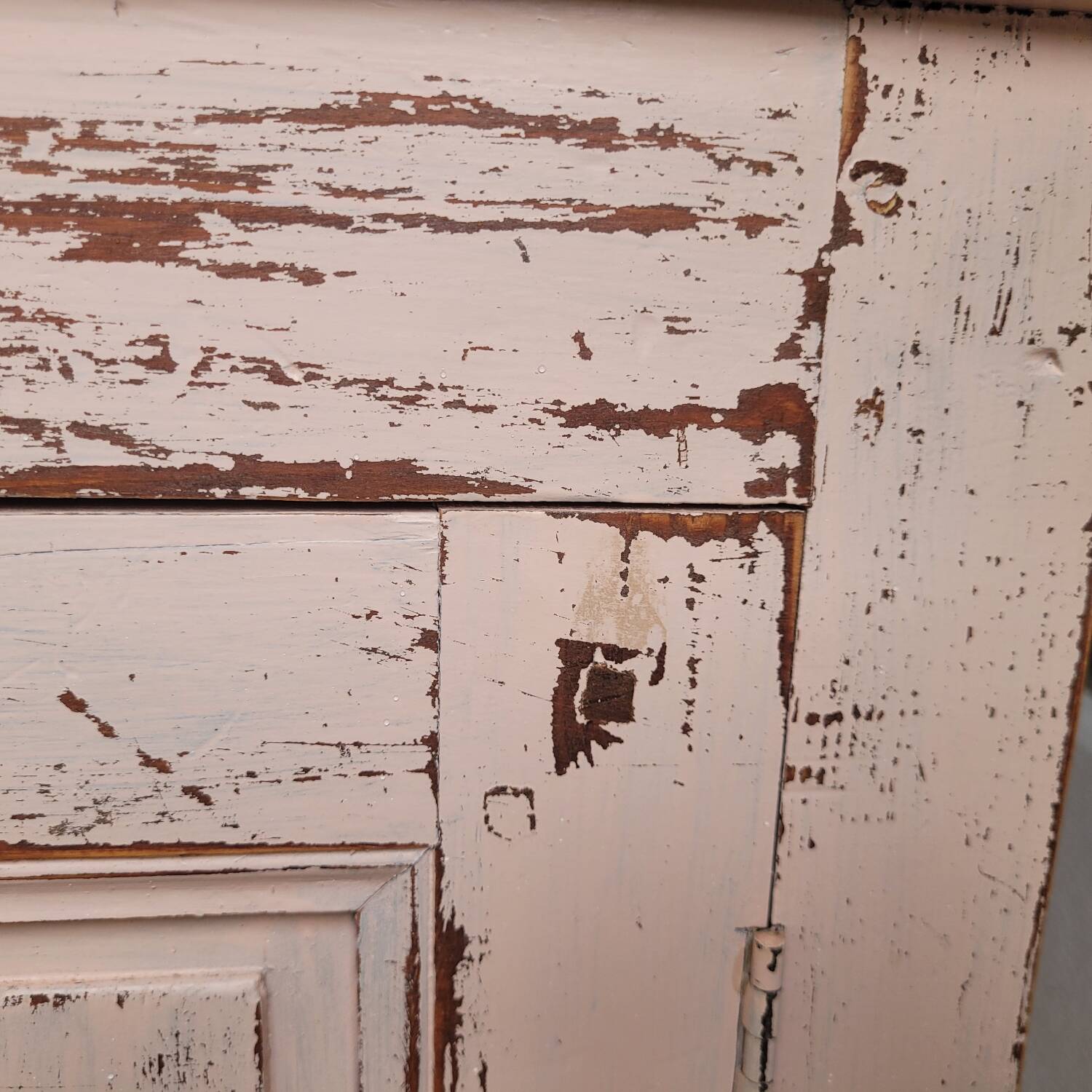 Antique low sideboard with powder pink patina – waxed solid wood