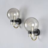 Pair of brass and blown glass wall lights, Glashütte Limburg