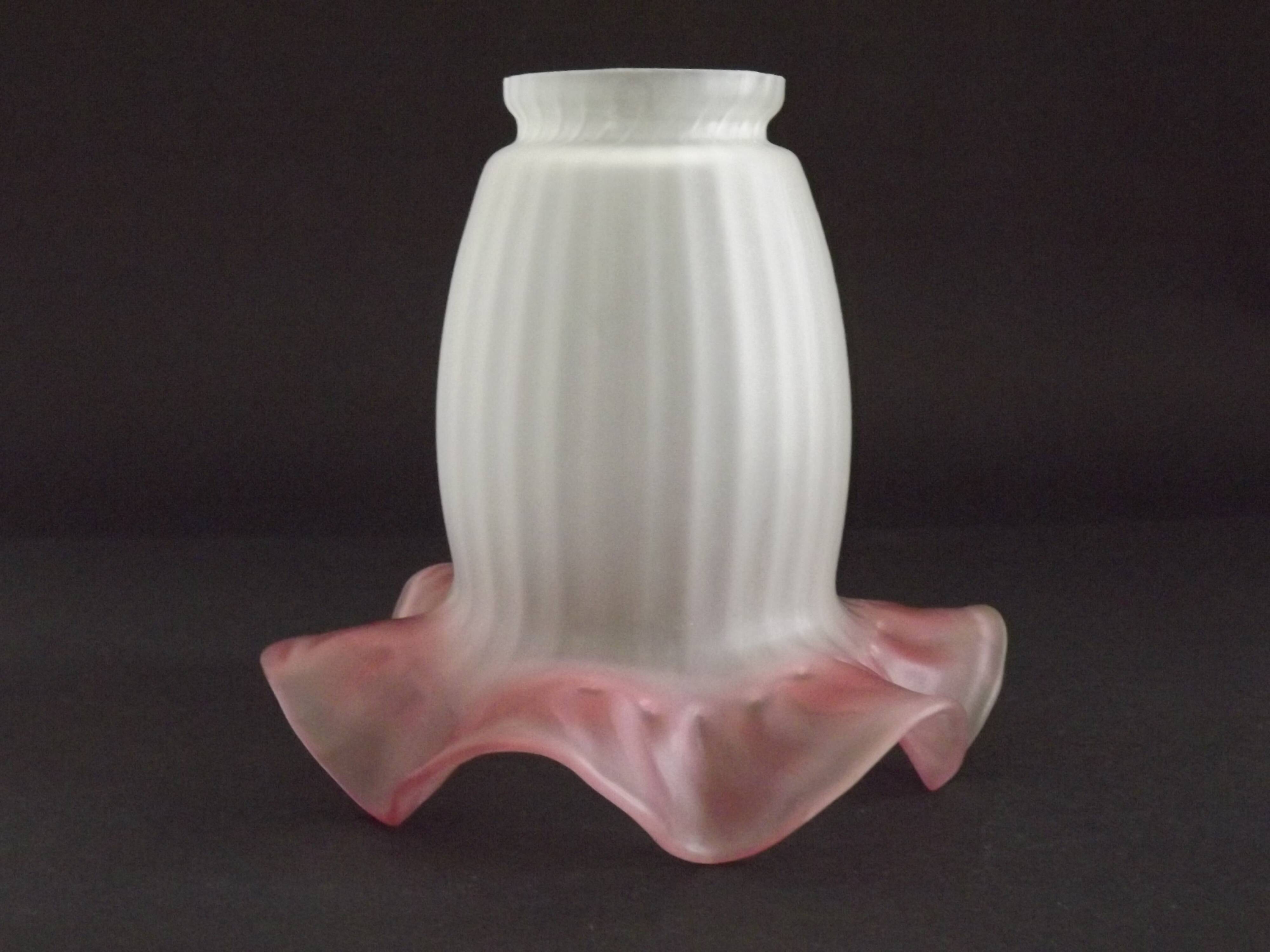 Set of 3 White Opaque Glass Shades With Ribbed Detail Pink Frilled Edge
