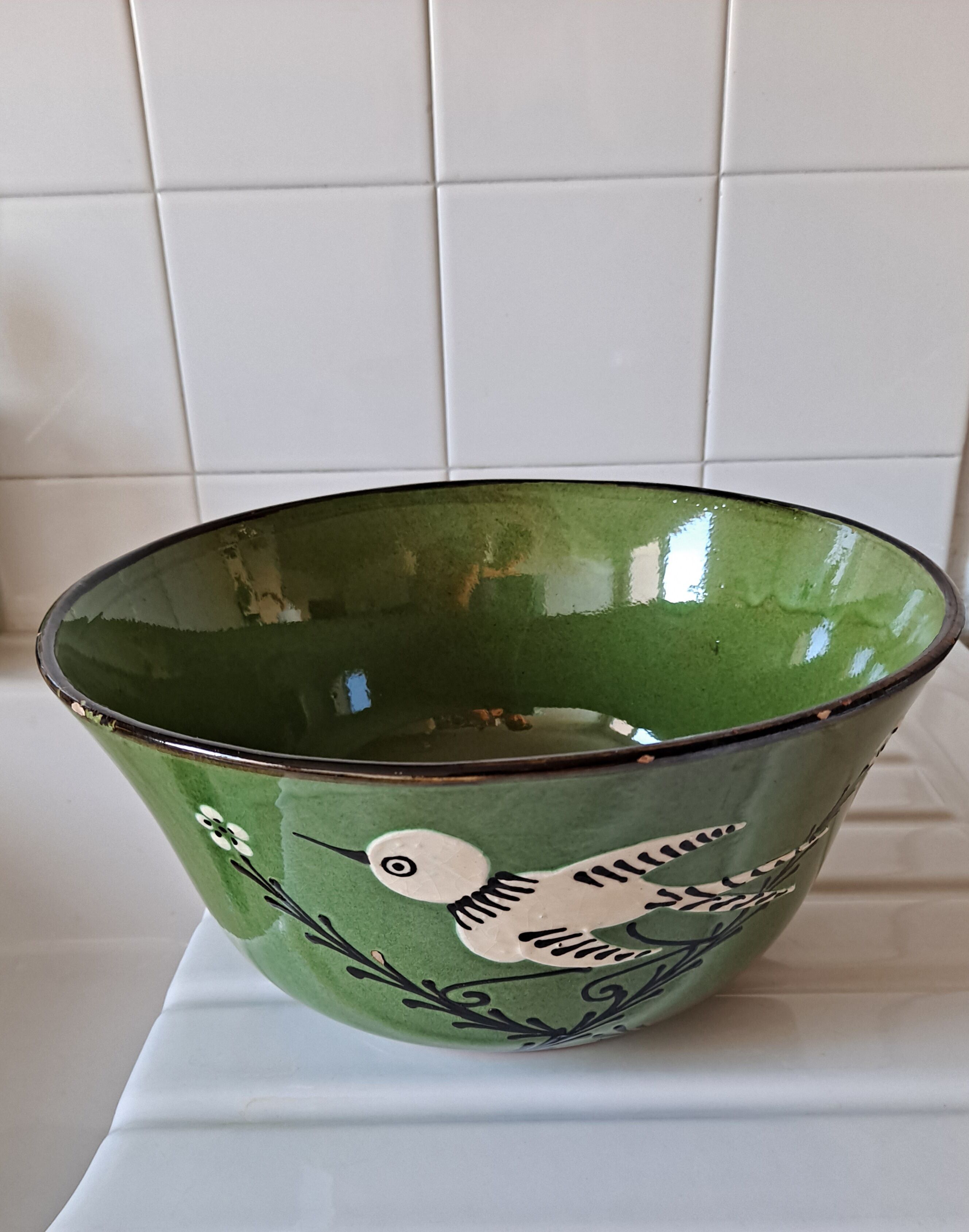 Dish salad bowl Savoy earthenware decoration flowers and bird