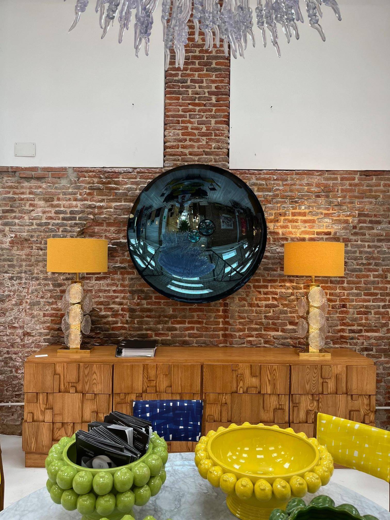 Contemporary Sculptural Concave Round Mirror in Blue, Made in France