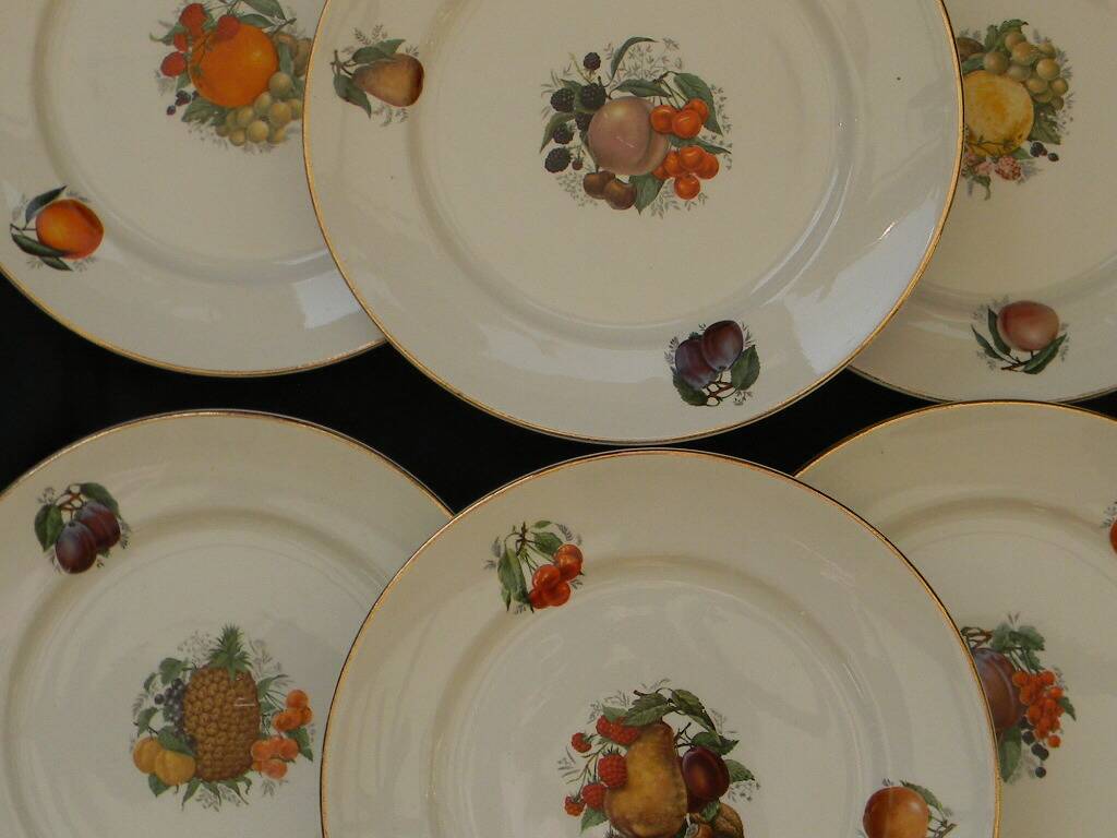 6 flat plates in orchies earthenware. fruit design.