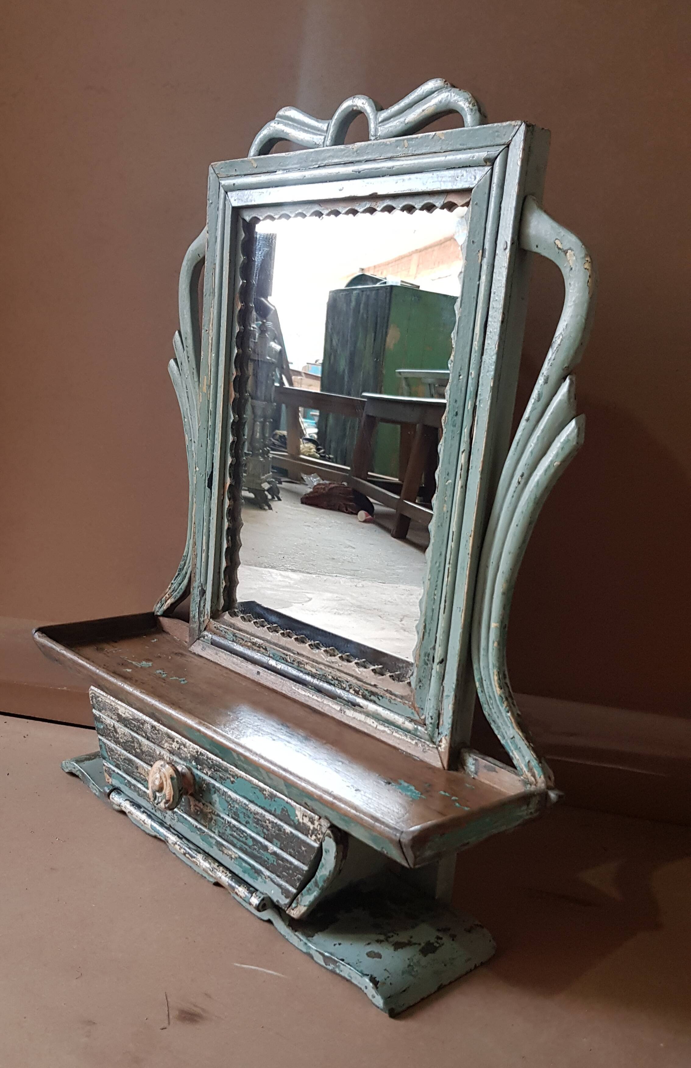 Mirror - Burmese Teak Art Deco wall shelf with original blue patina