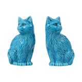 Paire de statues de chats émaillés bleus en céramique chinoise