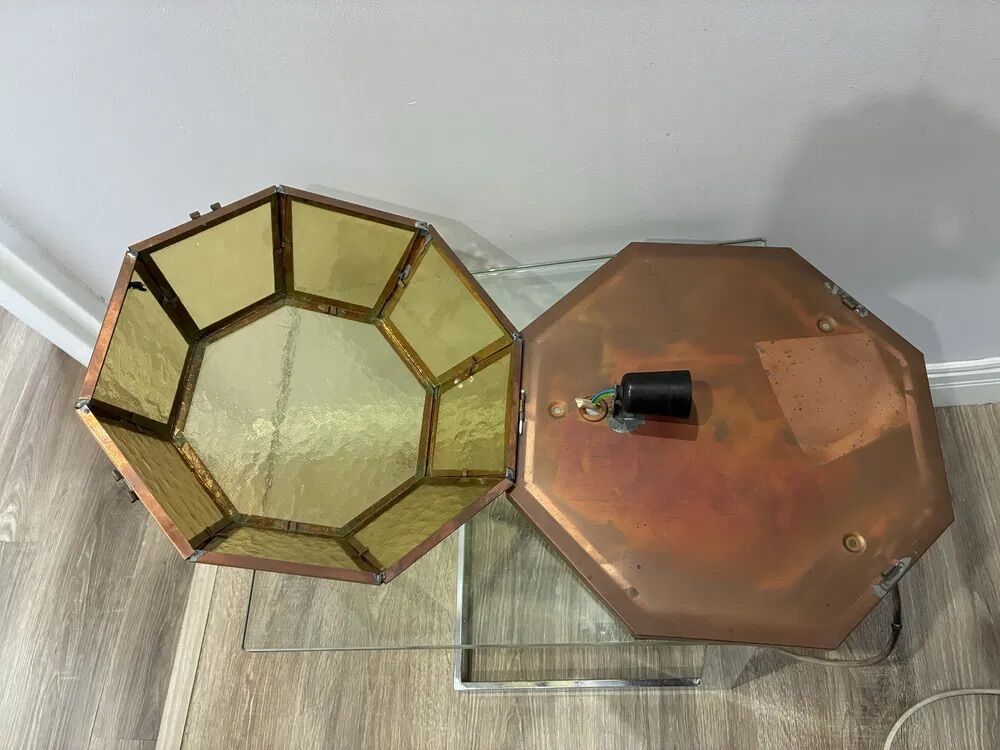 Vintage Octagonal Copper Amber Glass Flush Ceiling Lamp 1960s-70s