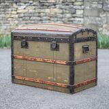 Antique trunk made of burlap and iron, storage suitcase