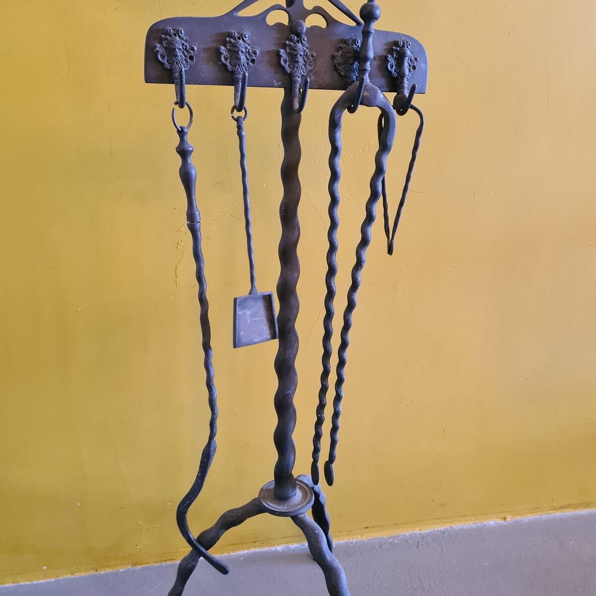 Dutch Brass Fireplace Set With Double Eagle Head, Late 19th Century