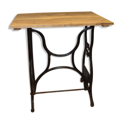 Ancienne table console industrielle en fonte et plateau en chêne