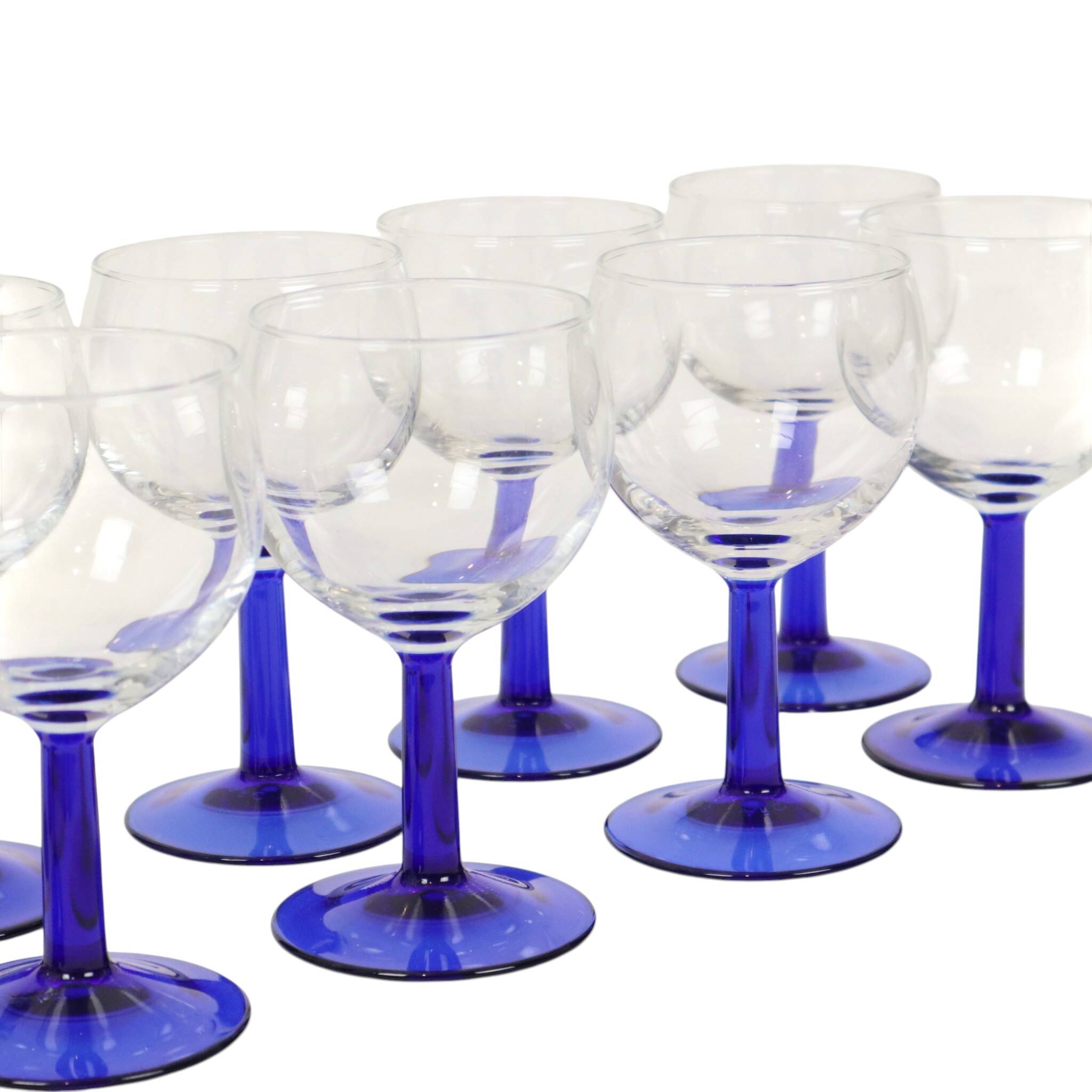 Set of Arcoroc Wine Glasses Cobalt Blue Base France 1980s