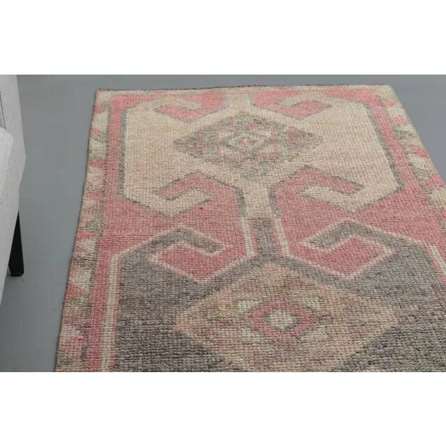 1970s Vintage Turkish Handmade Wool & Cotton Pink Runner Rug 100x339