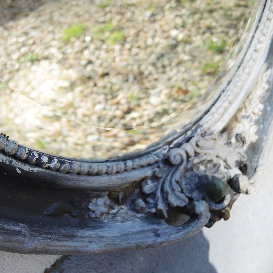 Antique Oval Beveled Mirror with Baroque Carved Wood Frame