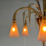 Venetian chandelier in beige/gray murano glass bordered with a red net