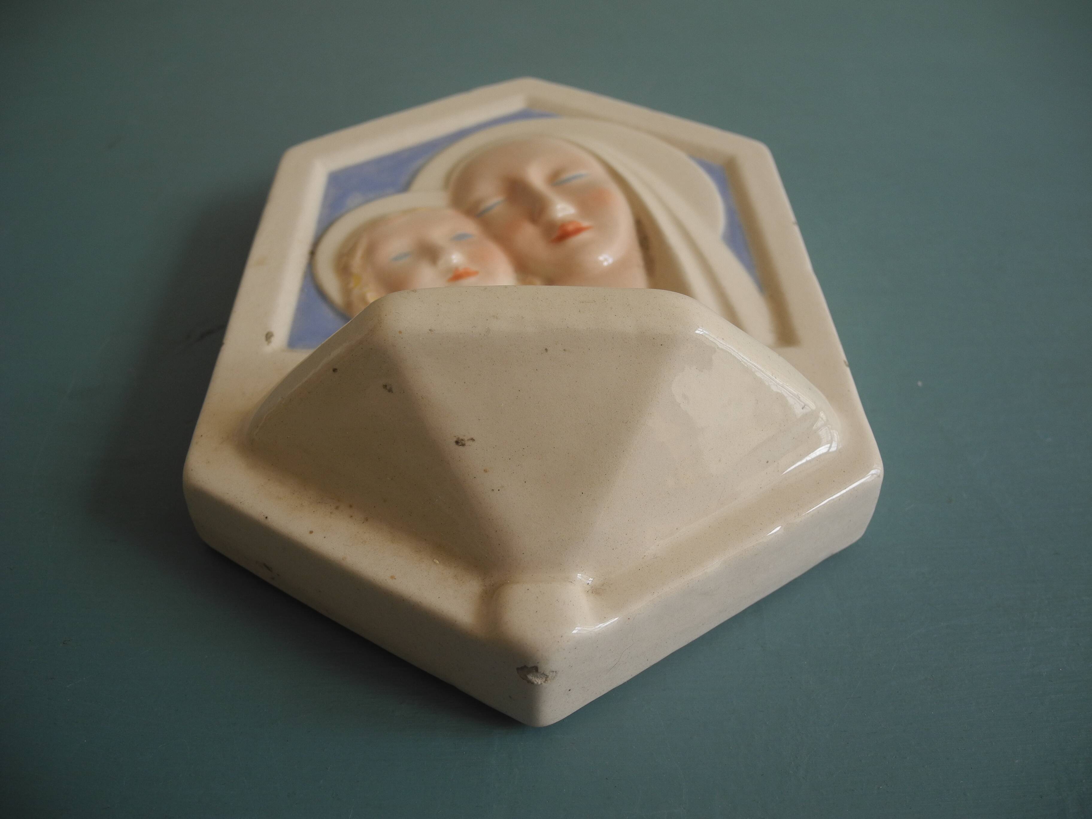 ancient holy water font Desvres Fourmaintraux earthenware