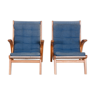 Pair of Blue Mid Century Armchairs, designed by Jan Vaněk in the 1950s. Ash.