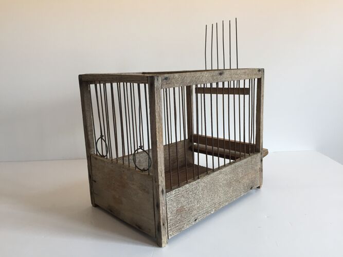 Cage à oiseaux ancienne en bois et acier