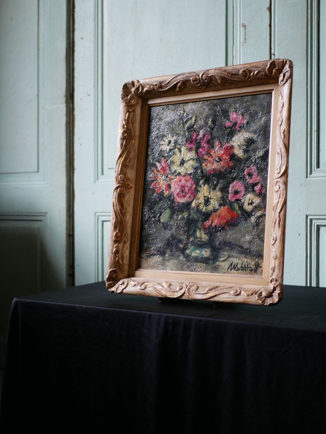 Old oil on canvas, bouquet of flowers, Montmartre style frame