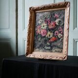 Ancienne huile sur toile, bouquet de fleurs, encadrement de style montmartre