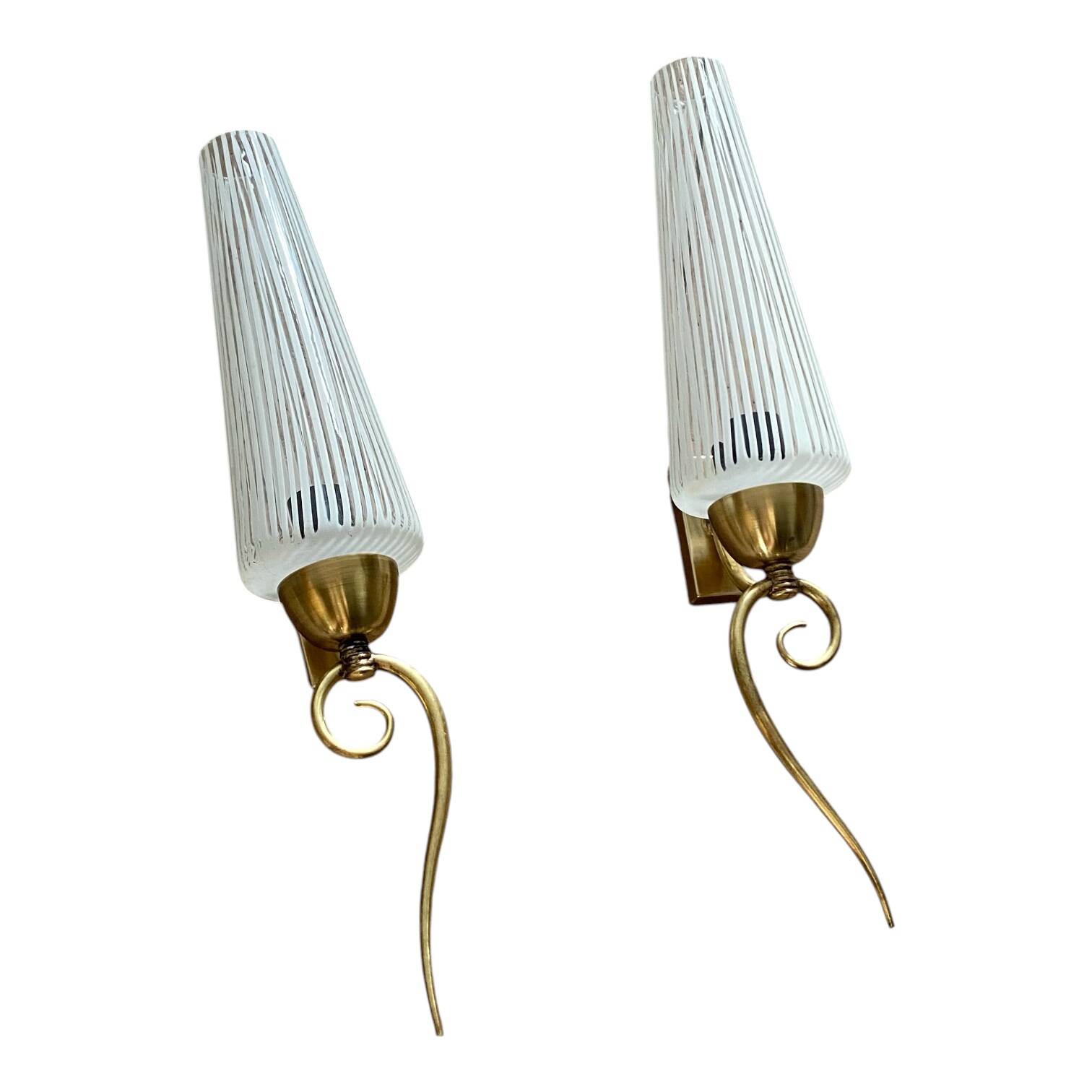 Pair of antique wall sconces brass tulip white striped glass