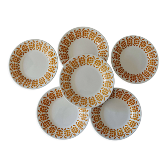 Lot 6 assiettes Sarreguemines  années 70 décor graphique orangé