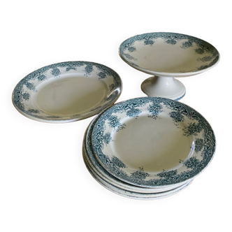 Service à dessert ancien, compotier plat assiettes terre de fer Prima Saint Amand