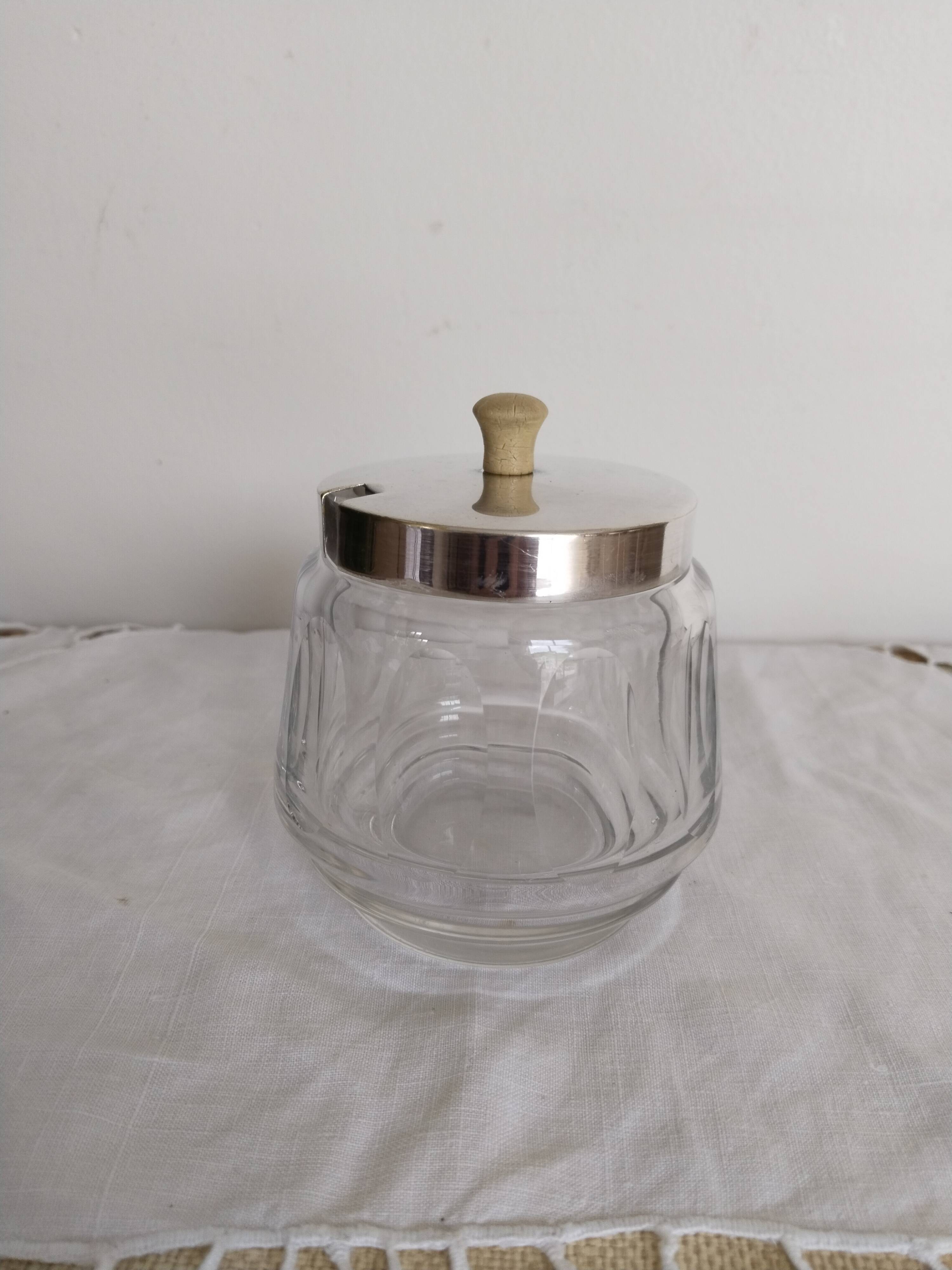 Jam pot, jam maker, sugar bowl, in crystal and silver metal