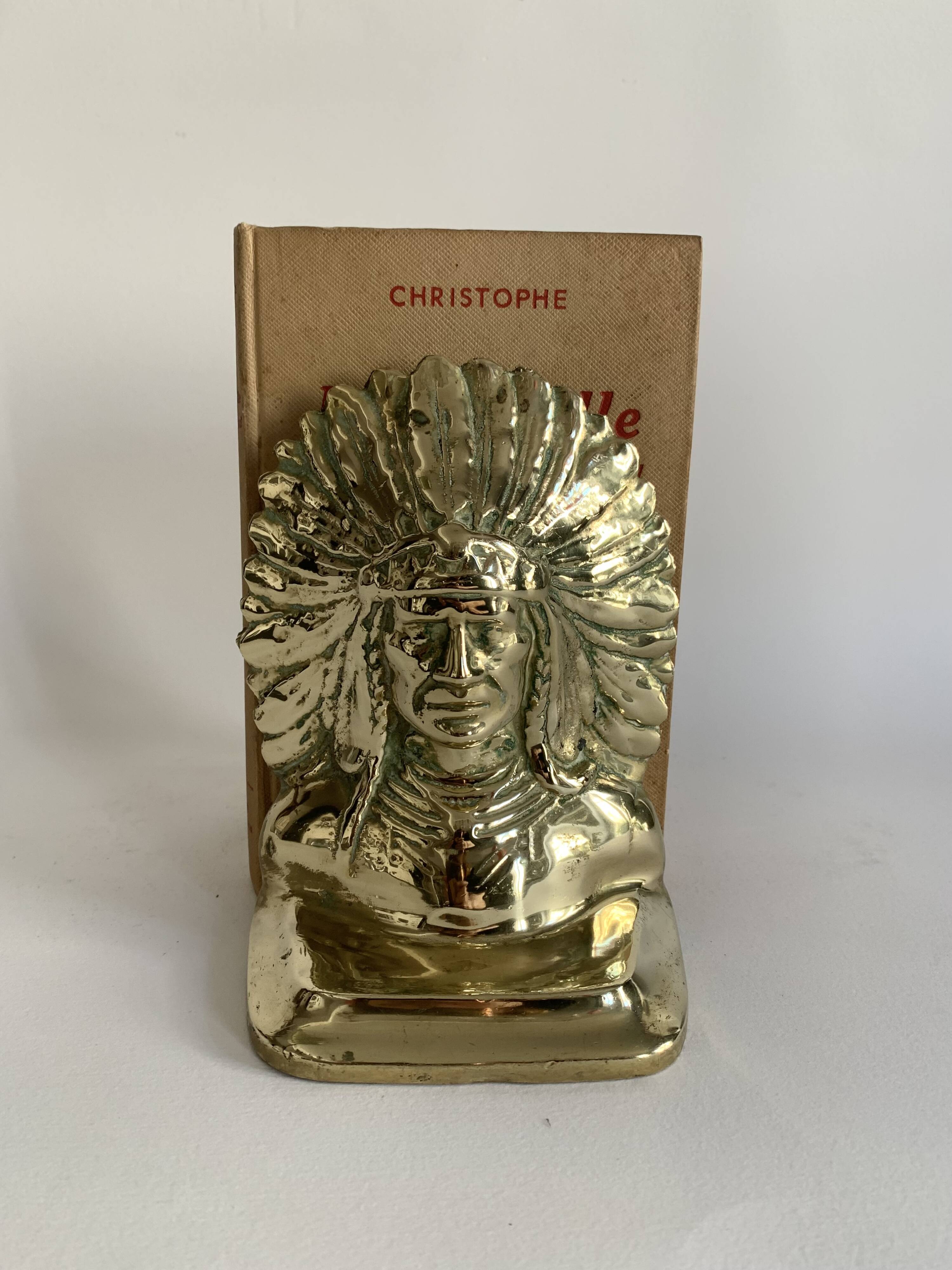 Serre-livres chef indien en laiton massif doré, 1970