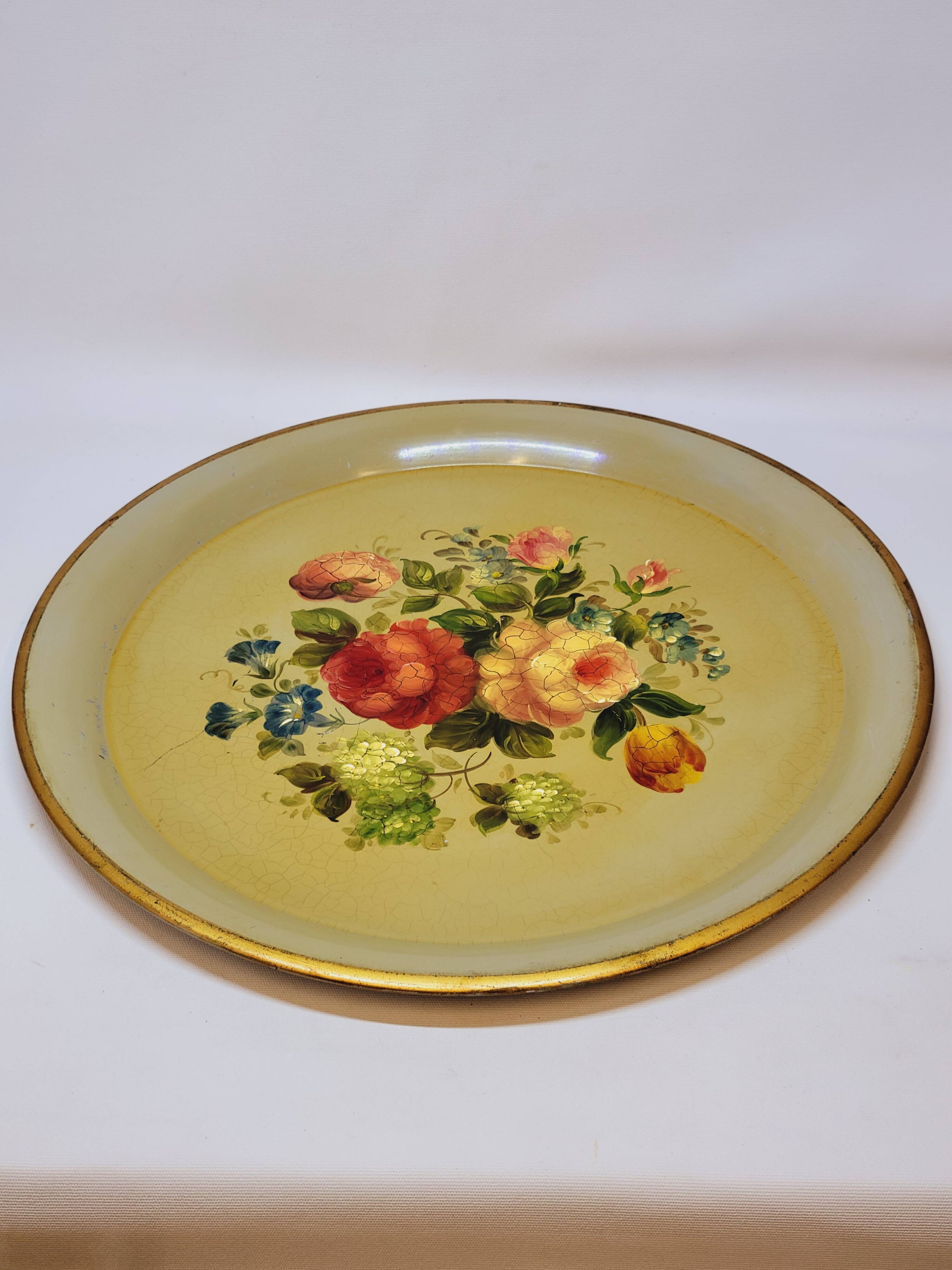 Napoleon III Painted Sheet Metal Tray Painted Metal Floral Decor Diameter 44.5