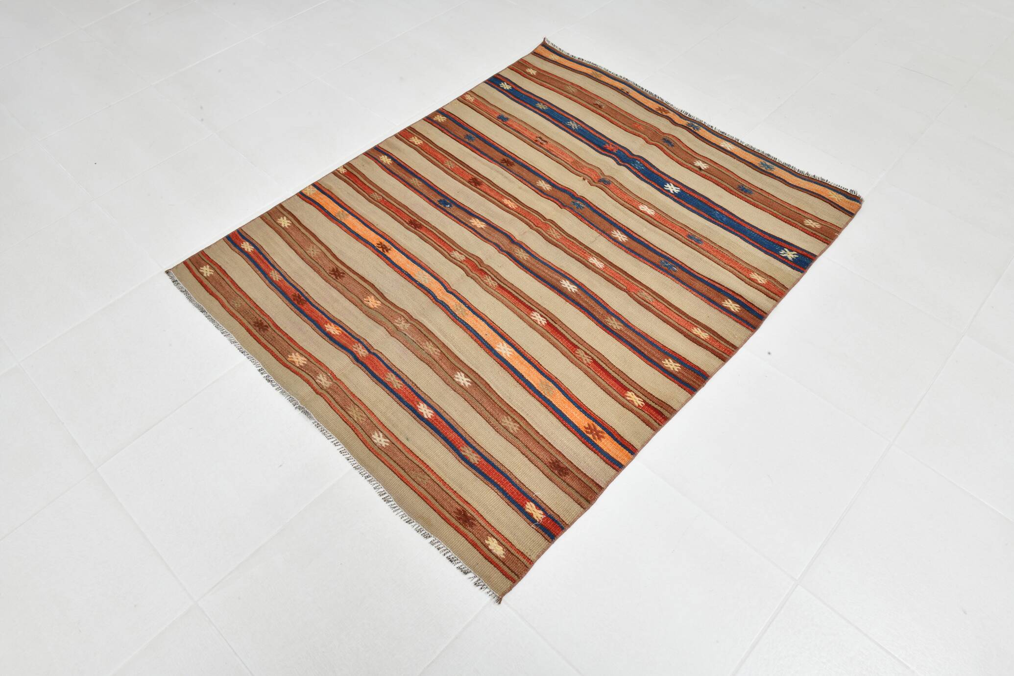 Beige & Orange Striped Wool Kilim Rug, 120x146 Cm