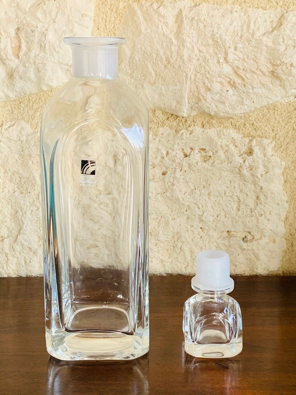 Set, vintage crystal whiskey decanter with 6 glasses, by Luigi Bormioli, circa 70's